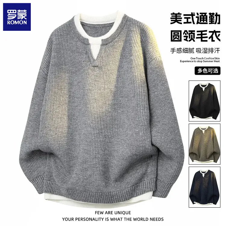 罗蒙卫衣男款爆款2025新款男装休闲毛衣男士假两件针织衫秋冬季
