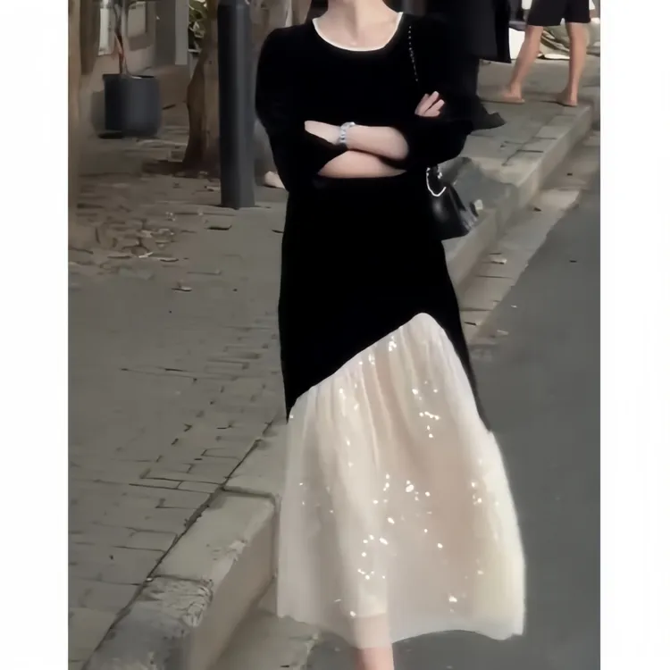 秋季气质设计感法式赫本风不规则拼接连衣裙拼色显瘦慵懒风连衣裙