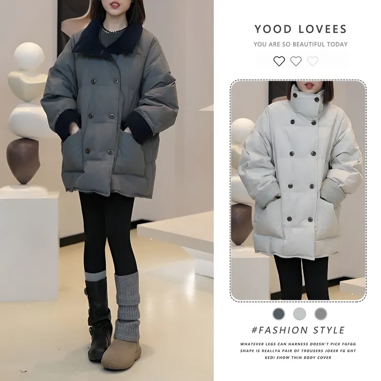 【撒野西西】高端欧货冬新款今年流行的设计感拼接翻领双排扣加厚保暖棉服外套