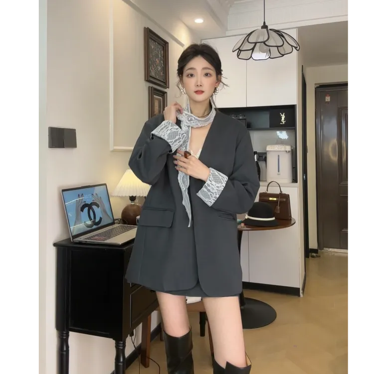 春夏流行蕾丝拼接飘带3296西装外套A字半身裙套装韩版减龄扩版