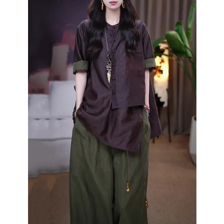 设计感时尚夏季女装套装2025秋季新款轻奢气质宽松显瘦衬衫+长裤