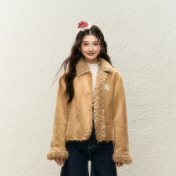 ELEVEN SLEEP秋冬皮毛一体外套女韩系通勤高级感保暖加厚短款上衣