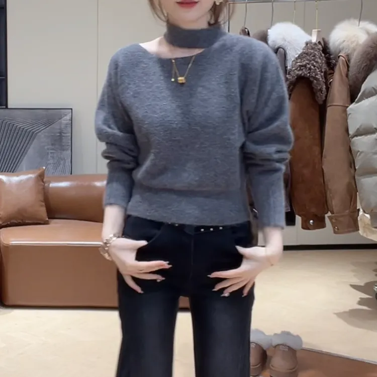 【狐狸美人】冬季挂脖软弱时尚厚款纯色气质针织打底衫毛衣百搭上衣