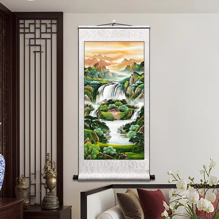 挂画西墙聚财山水画流水生财风景画玄关客厅卷轴招财聚宝盆装饰画