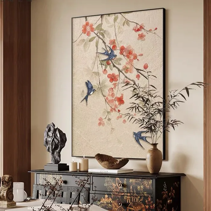 新中式入户玄关高级喜上眉梢客厅背景墙挂画中古风走廊过道砂岩画