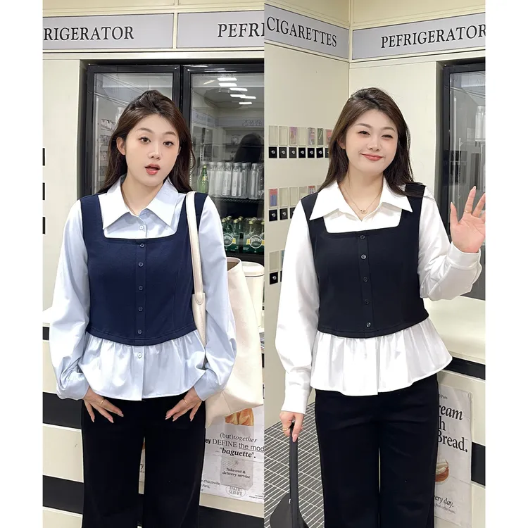 裂渡宣宣【黑白解构】微胖大码女秋百搭显瘦假两件收腰小衫ZY508A20