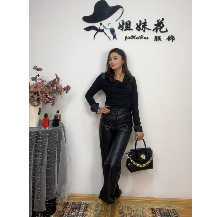 2025年新款高腰加长版直筒皮裤