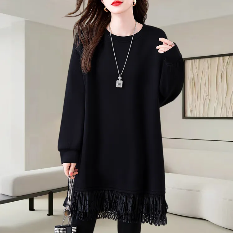 2025秋冬新款女中长款大码卫衣拼接镂空花边时尚百搭显瘦宽松上衣