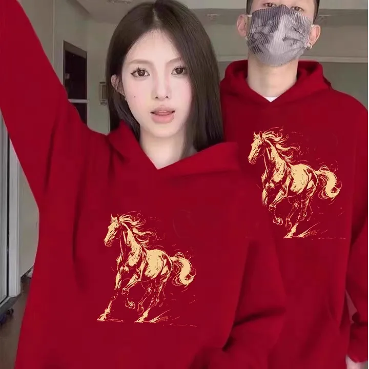 2026马年本命年连帽大红色卫衣男女情侣秋冬新款加绒加厚大码外套