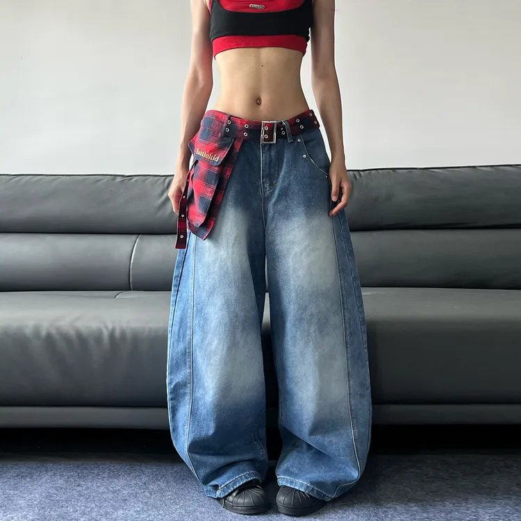 JADE QILIN美式高街格子解构水洗牛仔裤男女cleanfit阔腿弯刀裤