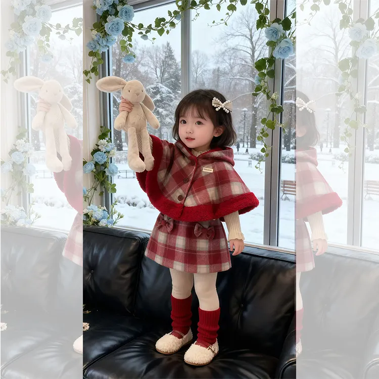 女童呢子套装冬装2025新款小童女宝宝羊羔绒洋气斗篷短裙两件套潮