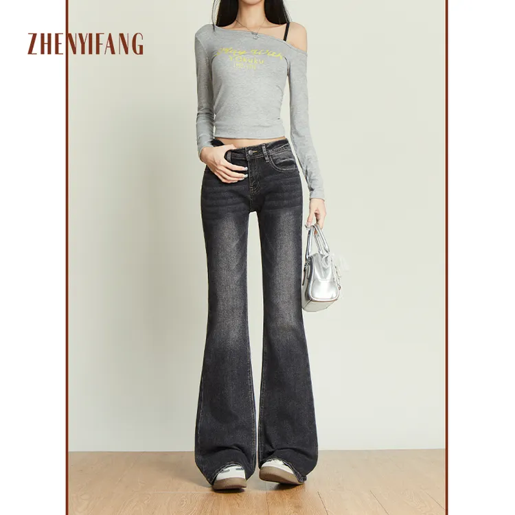 美式黑灰微喇牛仔裤2025秋季新款低腰显瘦弹力不贴腿拖地喇叭裤