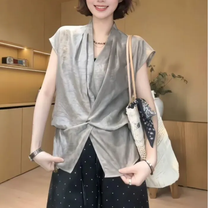 【运补6】夏季新款V领抽褶后系带设计感小众坎肩无袖衬衫女1921