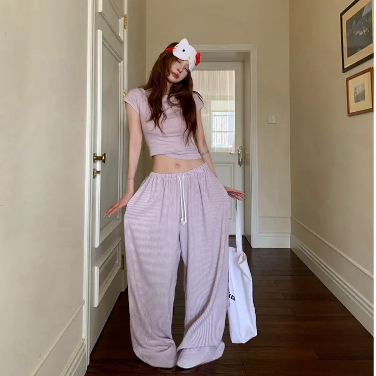 慵懒甜妹条纹修身舒适小众独特T恤+松紧腰洋气阔腿裤宽松ZXH2157