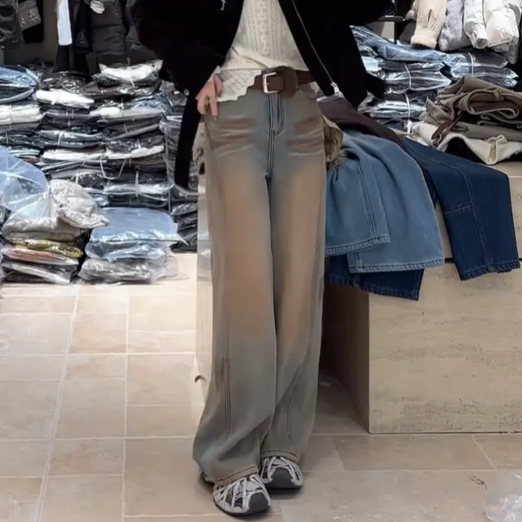 2025冬季时尚百搭显瘦高腰加厚加绒做旧直筒牛仔裤LK2508245