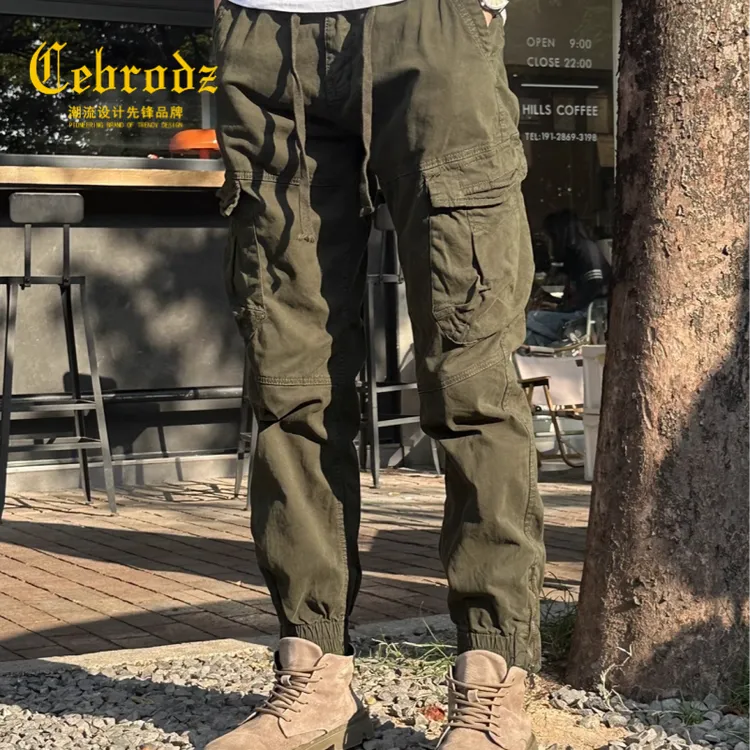 Cebrodz机能痞帅松紧腰系带2025年男款工装裤夏潮牌宽松束脚裤休