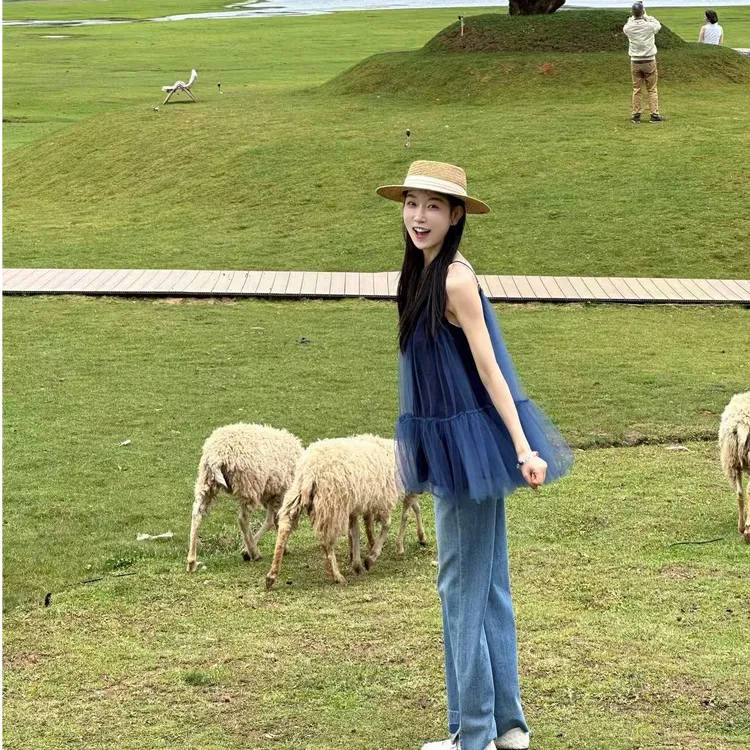 OUDOCKEE 鸥鸥 【100棉】宝石蓝 蝴蝶结网纱连衣裙 S2503E484T