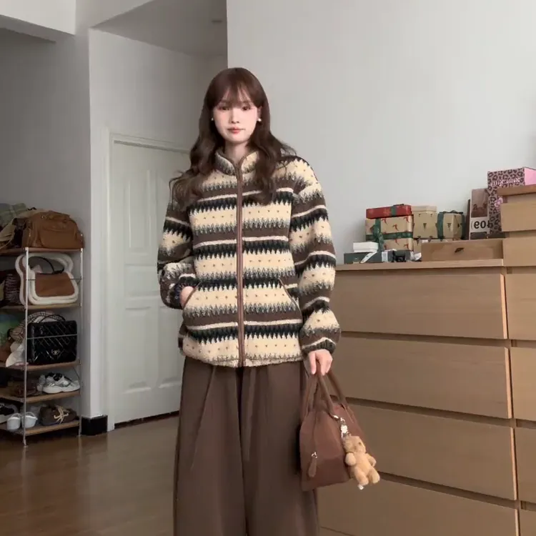 复古费尔岛撞色花纹羊羔毛外套2025冬季韩系宽松保暖皮毛一体外套
