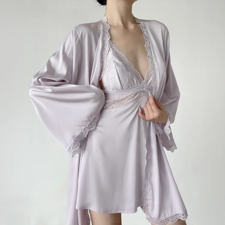 巴韦那奇法式轻奢睡衣女香芋紫冰丝优雅带胸垫性感吊带睡裙睡袍