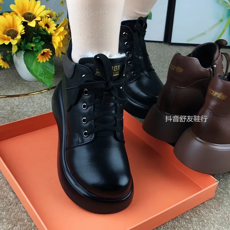 牛皮女靴秋冬季新款真皮圆头松糕厚底加绒棉短靴子羊毛系带马丁靴