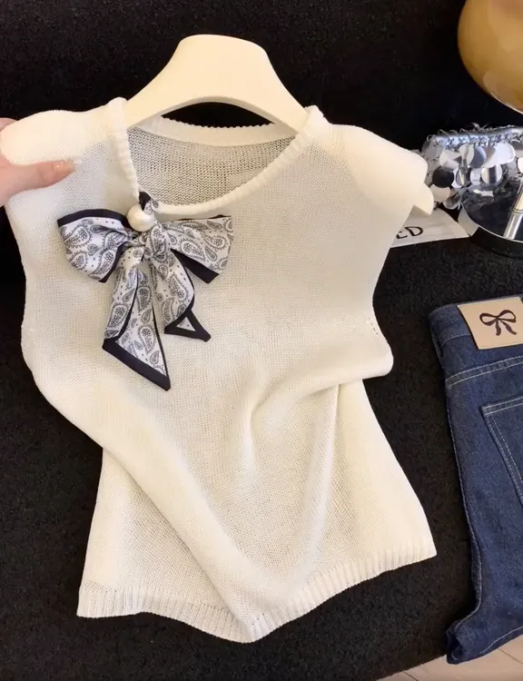 2025法式配珍珠丝巾针织衫背心女夏季新款薄款高级感无袖圆领上衣