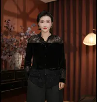 5110女士新款气质新中式金丝秋季时尚拼接衬衫领长袖上衣