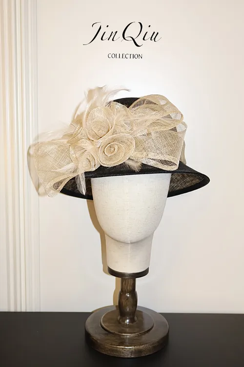 JQ现货直发复古麻纱花苞蝴蝶结礼帽帽子