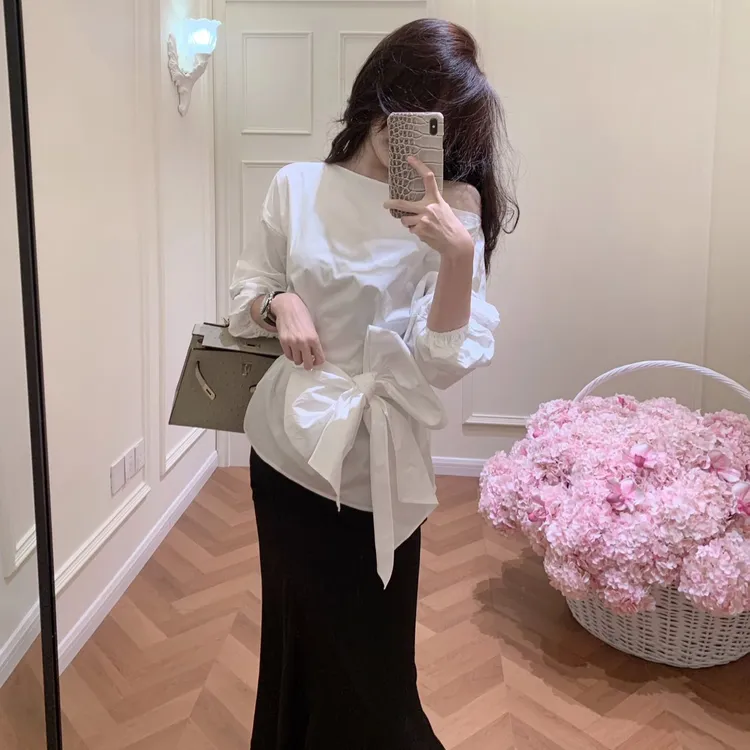 性感风法式气质长袖上衣设计感洋气休闲百搭辣妹中长款半身裙套装