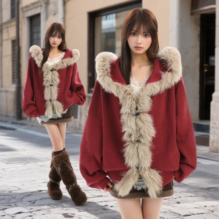 秋冬新款法式圣诞穿搭新年红色连帽毛衣女时尚慵懒风百搭针织上衣