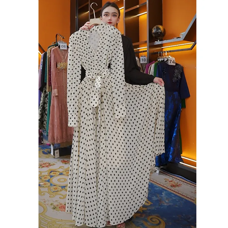 5465#法式波点国风小立领新款高腰气质优雅显瘦复古大摆连衣裙