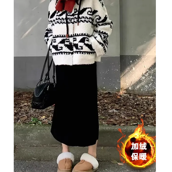 黑色灯芯绒直筒半身裙 冬长款包臀a字裙大码胖mm显瘦遮肚加绒裙子