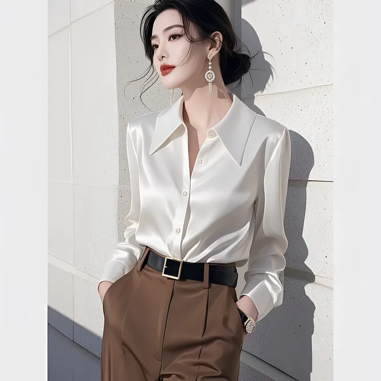 法式轻奢醋酸缎面白色长袖衬衫女春季新款高级感洋气别致通勤衬衣