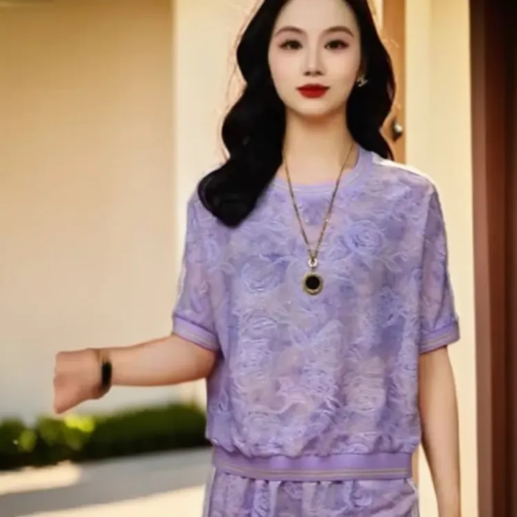 显瘦必备！2025夏女紫色印花短袖配阔腿裤潮运动套潮
