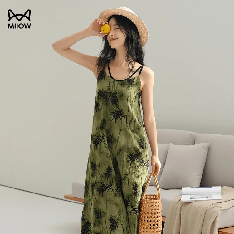 猫人睡裙女夏季带胸垫纯棉吊带睡衣薄荷曼波长裙大码水墨画连衣裙