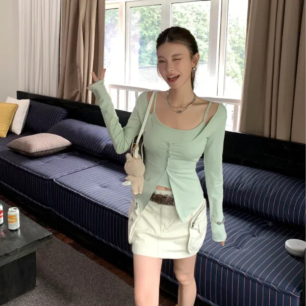 宽松无袖纯色时尚套装通勤吊带休闲风百搭显瘦短款性感夏季修身