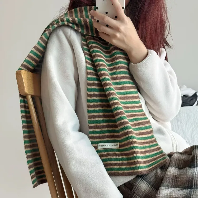 绿色复古仿羊绒条纹针织围巾冬季高级感百搭情侣加厚保暖围脖男女