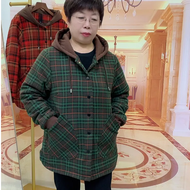 休闲百搭格子大兜拼色连帽外套春秋款宽松保暖时尚气质中老年女装