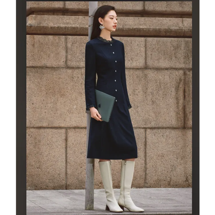 娜尔思花边领优雅气质长袖绵羊毛时尚复古针织连衣裙NF10699Q7