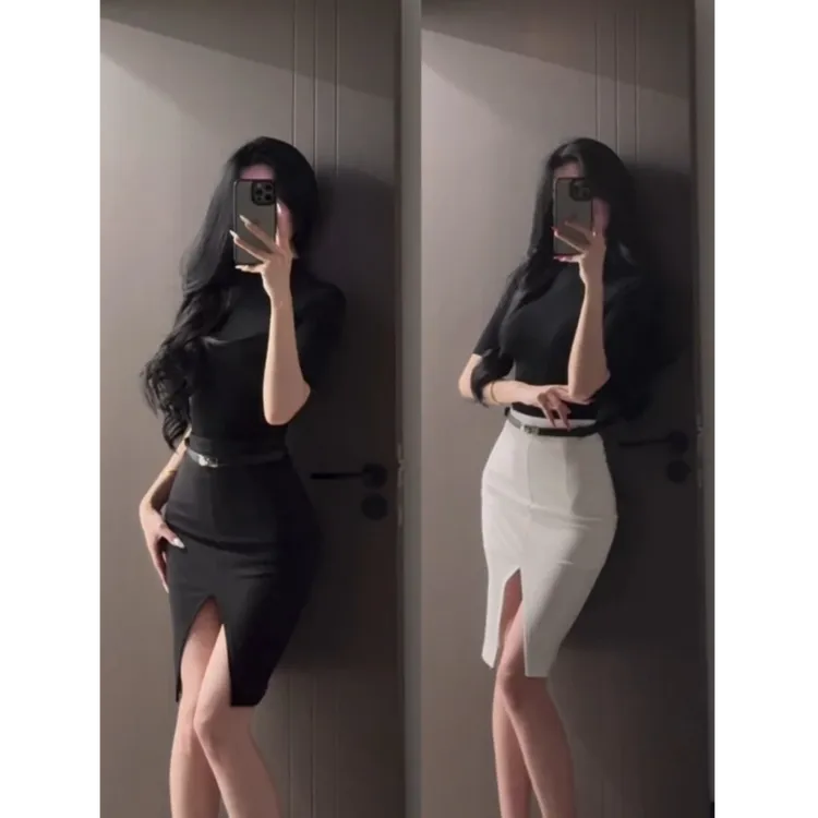 气质御姐风套装女夏季新款黑色高领半袖T恤包臀开叉半身裙两件套
