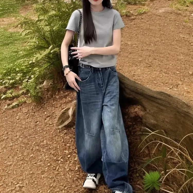 春季新款时尚显瘦上衣阔腿裤高腰宽松长裤00378