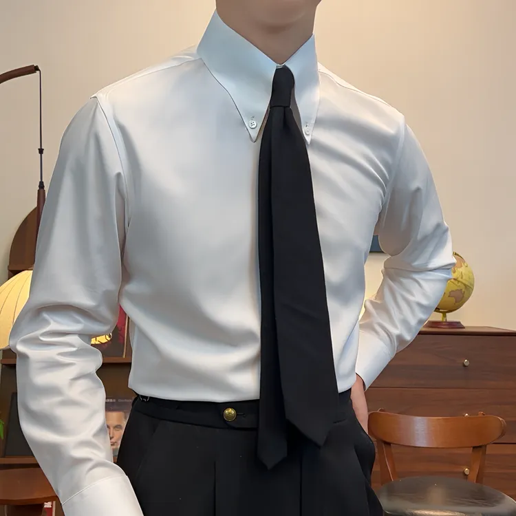 法式大尖领三防面料男衬衫职业商务衬衣青春流行正装对襟长袖修身