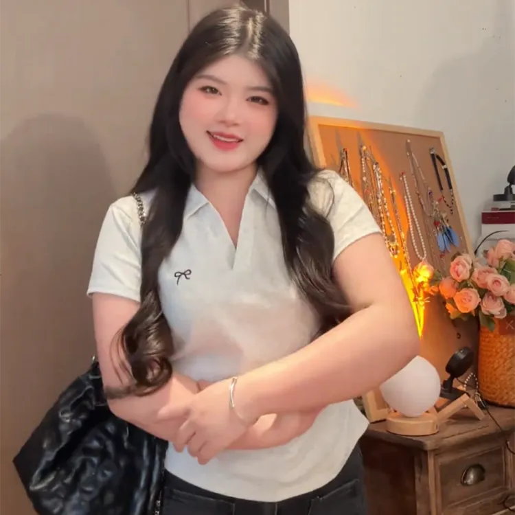 微胖mm美式收腰褶皱polo领短款上衣女夏季新款设计感显瘦短袖T恤