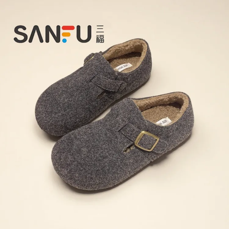 三福新款内增高厚底全包勃肯鞋女2025秋冬加绒保暖软底毛毛鞋单鞋