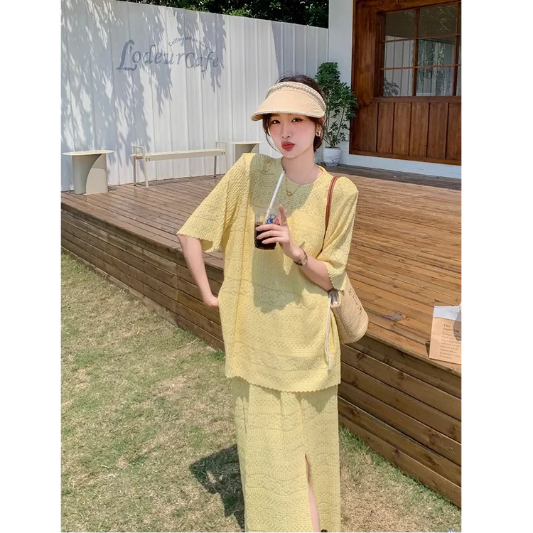 黄色时髦洋气半身裙套装女夏季2025新款慵懒风高级蕾丝裙子两件套