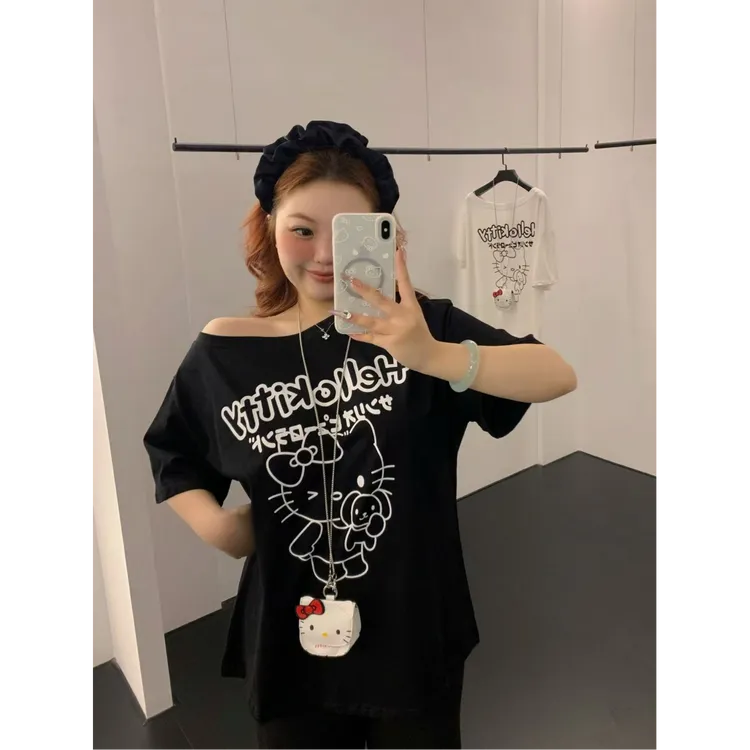 博主专享 21237凯蒂小包斜肩T 定制款 遮肉显瘦大码女装休闲T