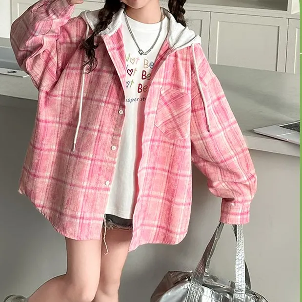 童装2025秋款潮流中大童欧若风时尚洋气格子粉色连帽衬衣外套舒适