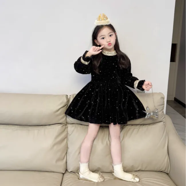 女童加绒亮钻丝绒闪闪连衣裙2025冬新款蓬蓬生日裙礼服裙公主裙