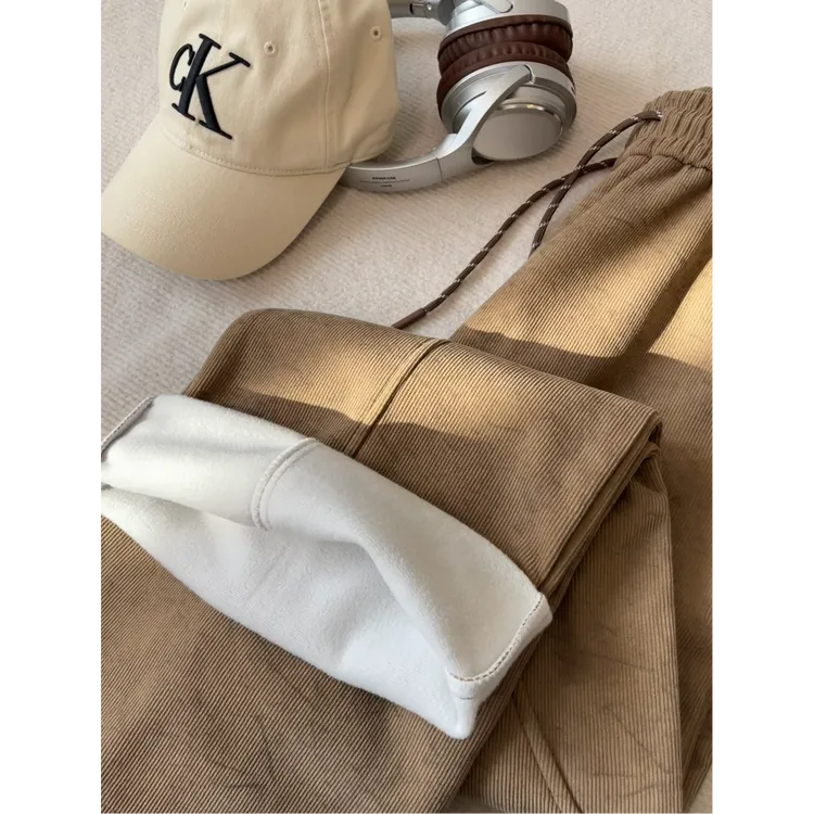 斜切棕色vintage加绒裤子男款美拉德日系复古直筒宽松暗纹休闲裤