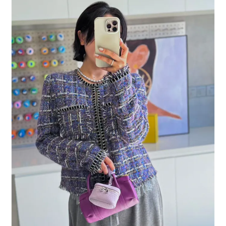 PENNYPENG紫荆花 秋季新款轻奢编制粗花呢气质小香风圆领羊绒外套