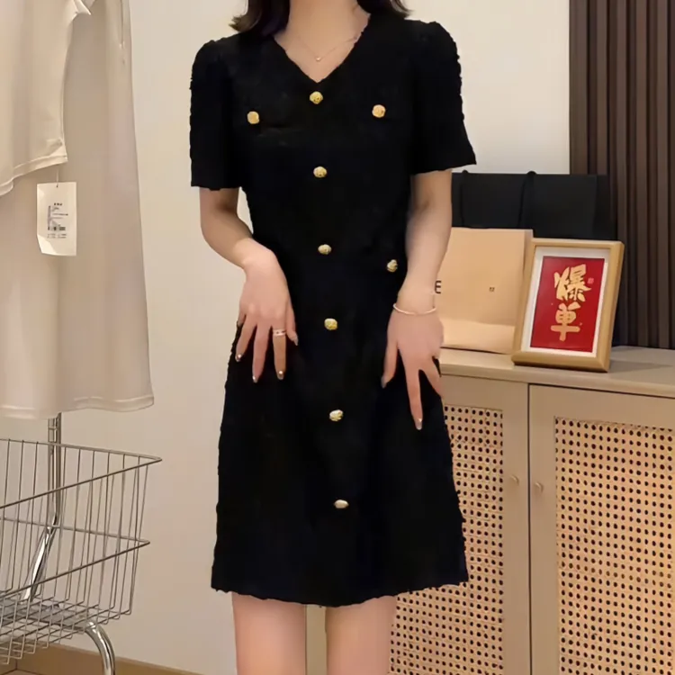 秋季时尚小香风千金风高腰显瘦连衣裙轻奢法式风赫本风黑色小黑裙